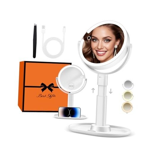 Makeup Mirror with Lights, Lighted Magnifying Mirror 30X with 3 Lighting White