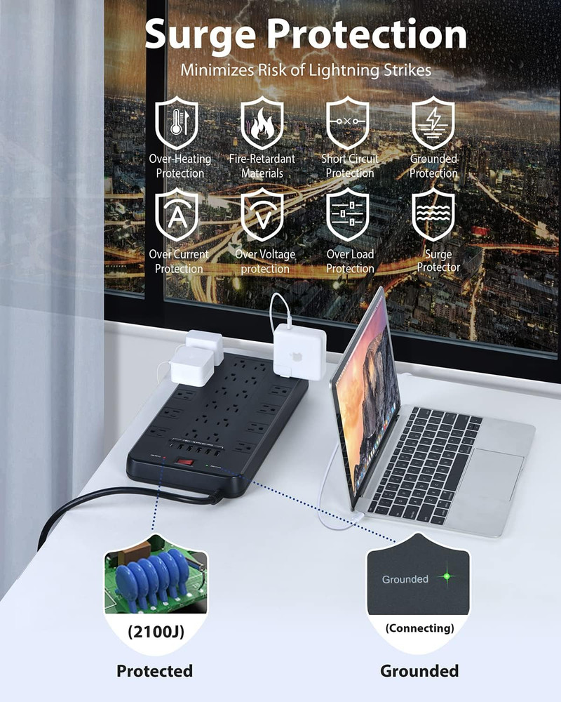 Surge Protector Power Strip, 22 AC Multiple Outlets with 6 USB (1 USB-C), 6.5Ft