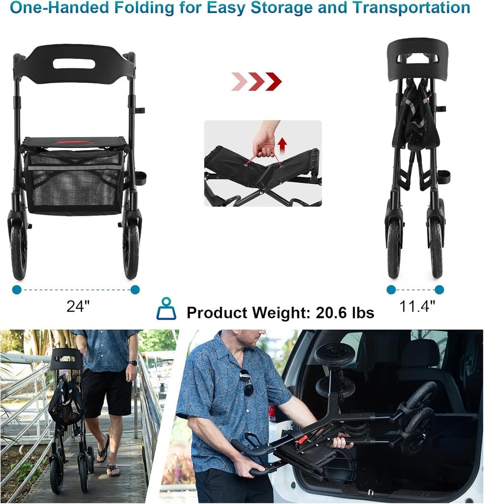 Rollator Walker for Seniors, Lightweight Foldable All Terrain Rolling Walker