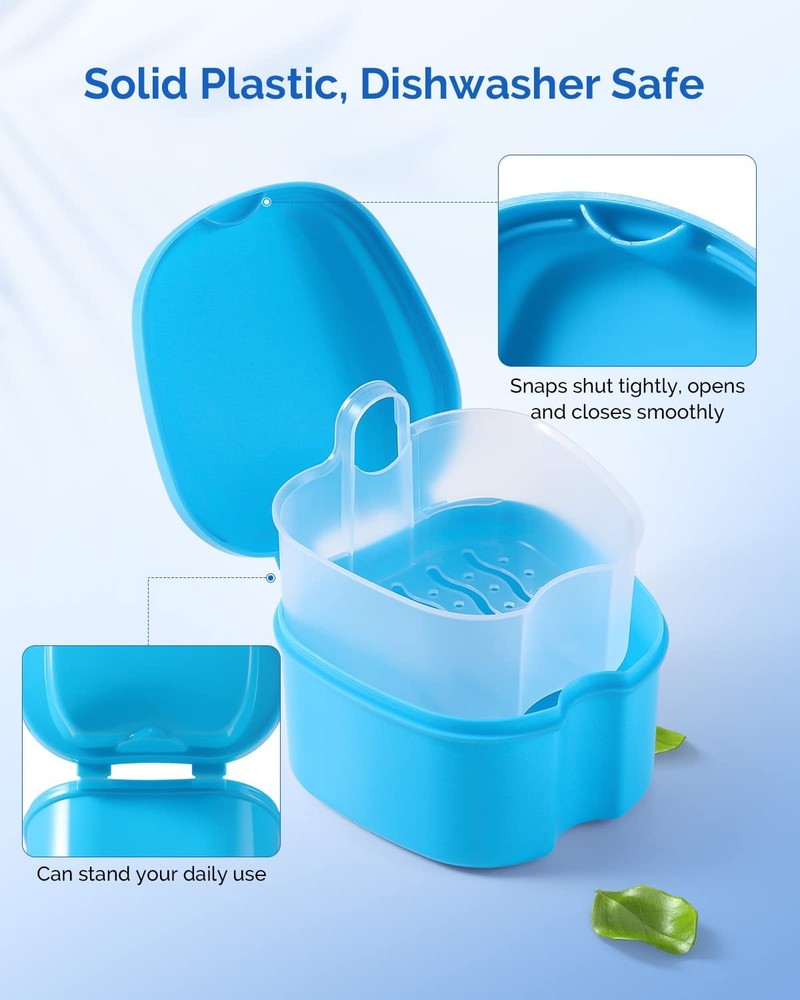JMU 2pcs Denture Bath Case, Cup for Soaking Navy Blue,Teal Blue