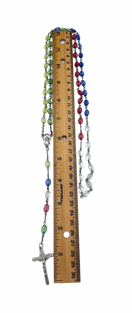 VTG Rosary Multi-color Lucite bead crucifix Mary silver tone