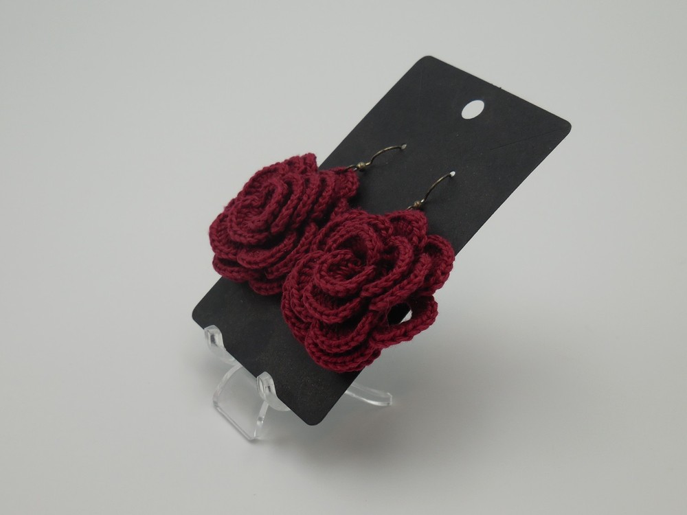 Deep Red Crochet Rose Earrings Handmade