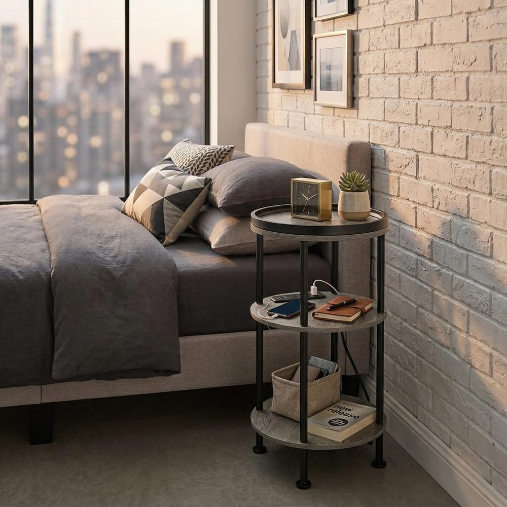 Small Round Side Table with Charging Station, 21.7" H, 2 USB Ports - Accent