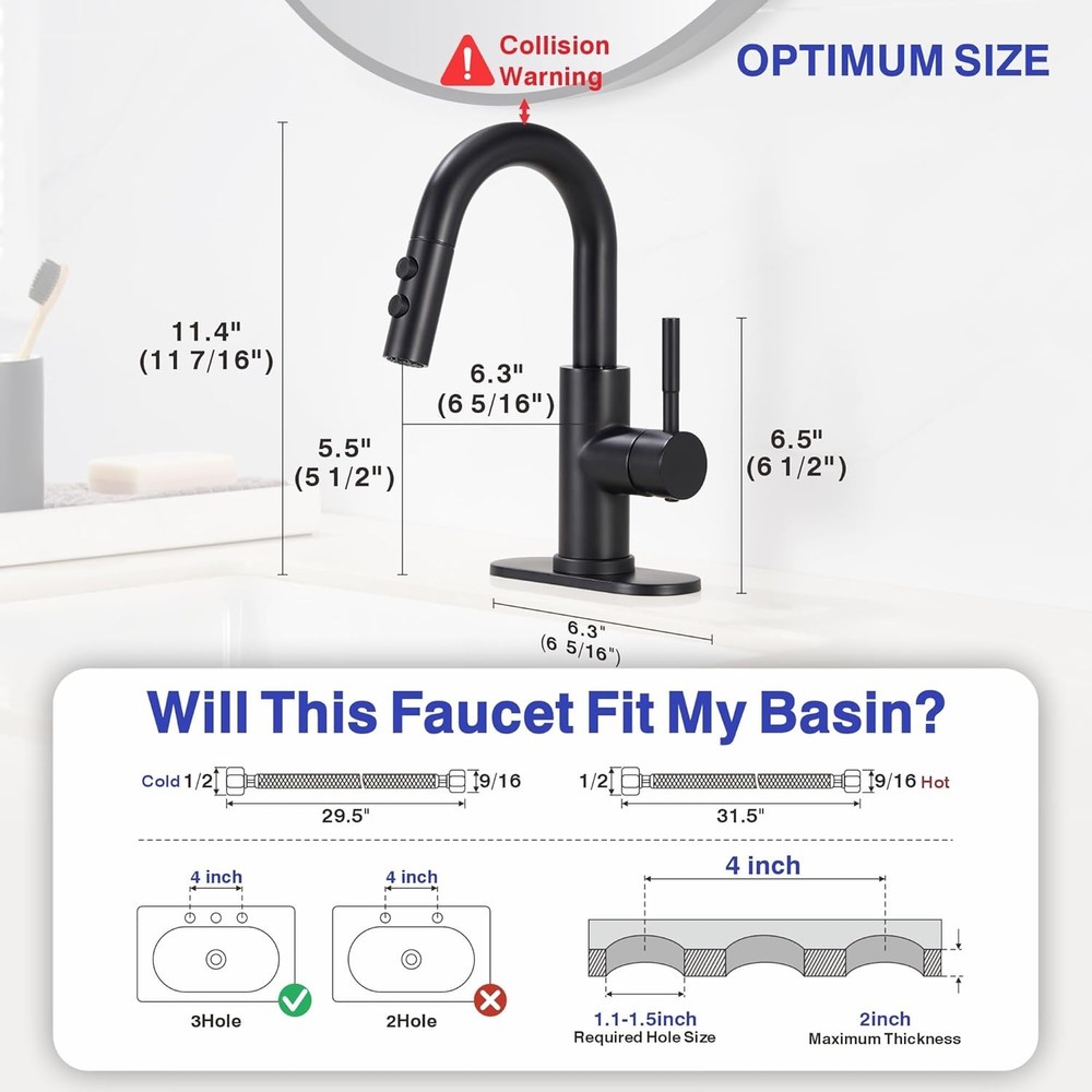 Bathroom Sink Faucet W/ Pull Down Sprayer Matte Black Single Handle Pull Out