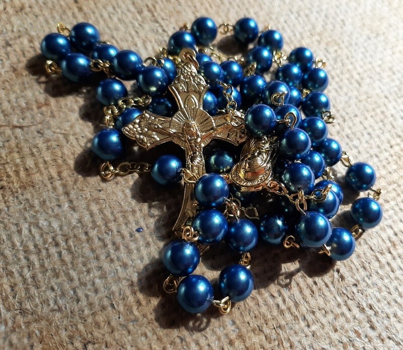 Paris Blue Glass Pearl and Crystal Rosary in Gold