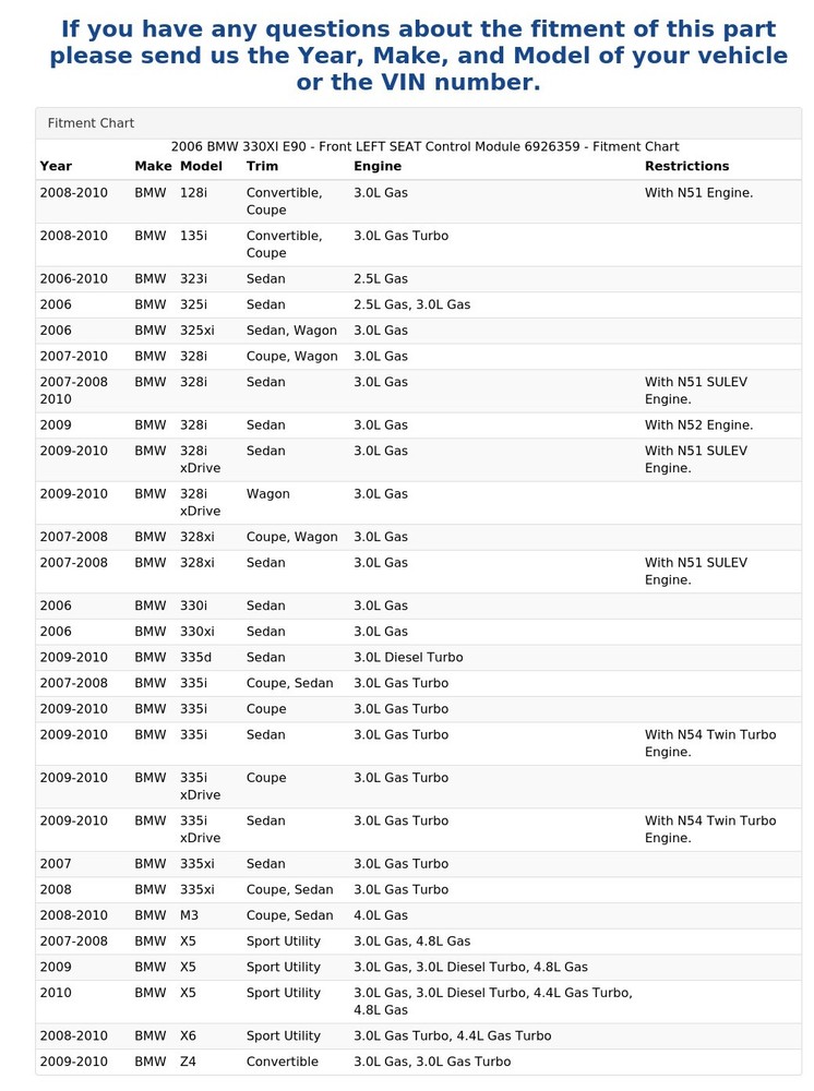 2006 BMW 330XI E90 - Front LEFT SEAT Control Module 6926359