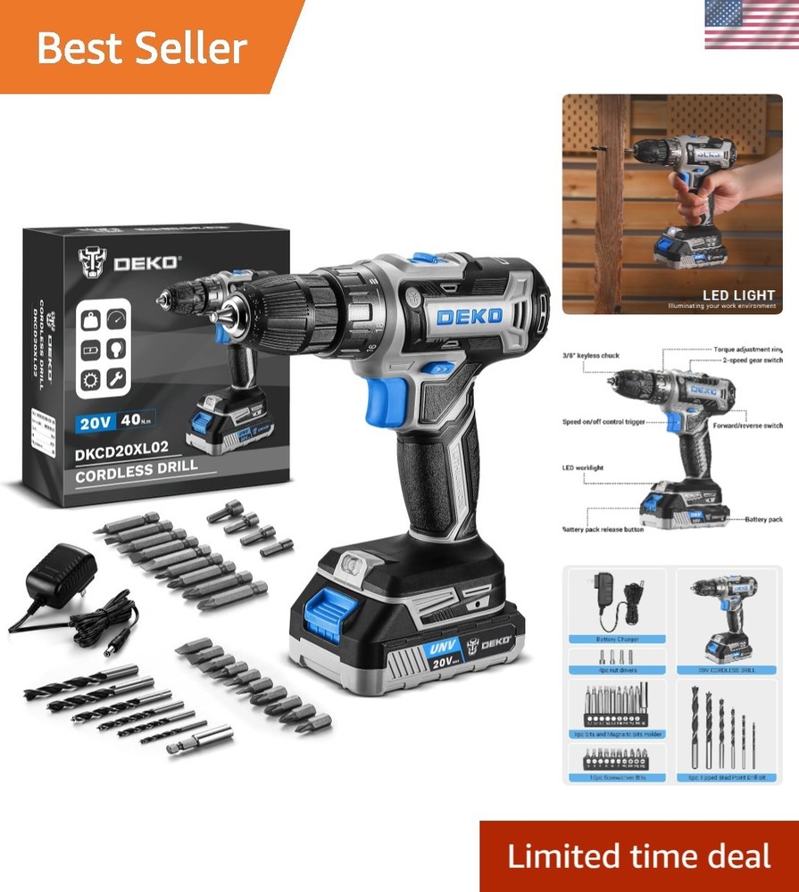 Versatile 20V Cordless Power Drill with Bits - Compact Design for Easy Use