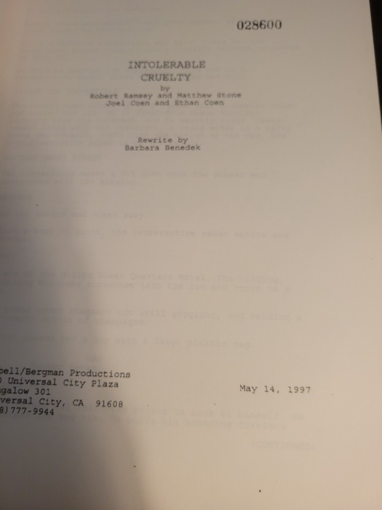 JOEL & ETHAN COEN: Intolerable Cruelty 1997 Script & Full Studio Coverage Report