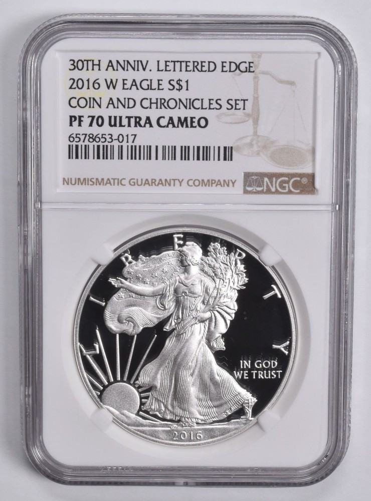 PF70 2016-W ASE Silver Eagle Coin & Chronicles Lettered Edge NGC Brown Lbl