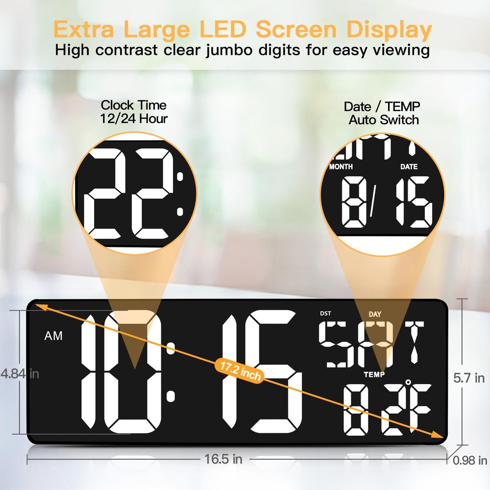 XREXS Large Digital Wall Clock with Remote Control, 17.2 Inch Large, White