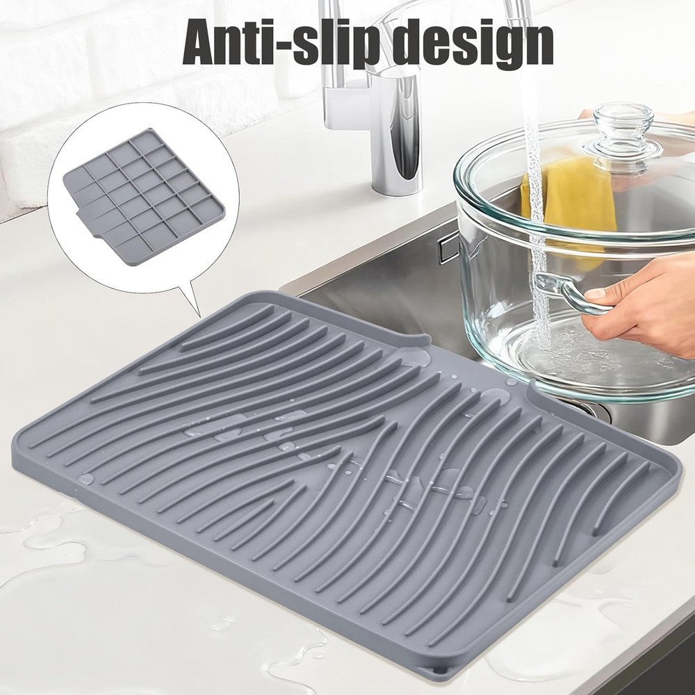 Silicone Dish Drying Mat for Kitchen Counter, Dish Drying Pad, Non-Slip