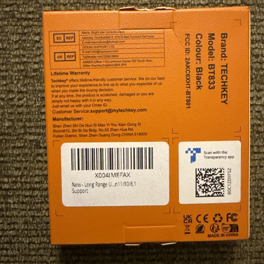 Techkey BT833 Black USB Long Range 5.3 Bluetooth Adapter Plug & Play NEW IN BOX