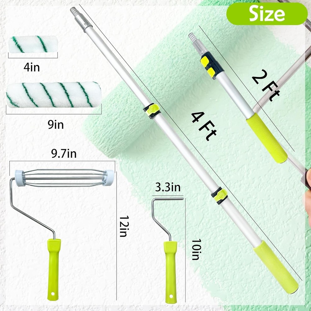 Paint Roller Kit with Extension Pole, 28 PCS Set, 2-4 Ft Pole, 4"9" Paint Roller