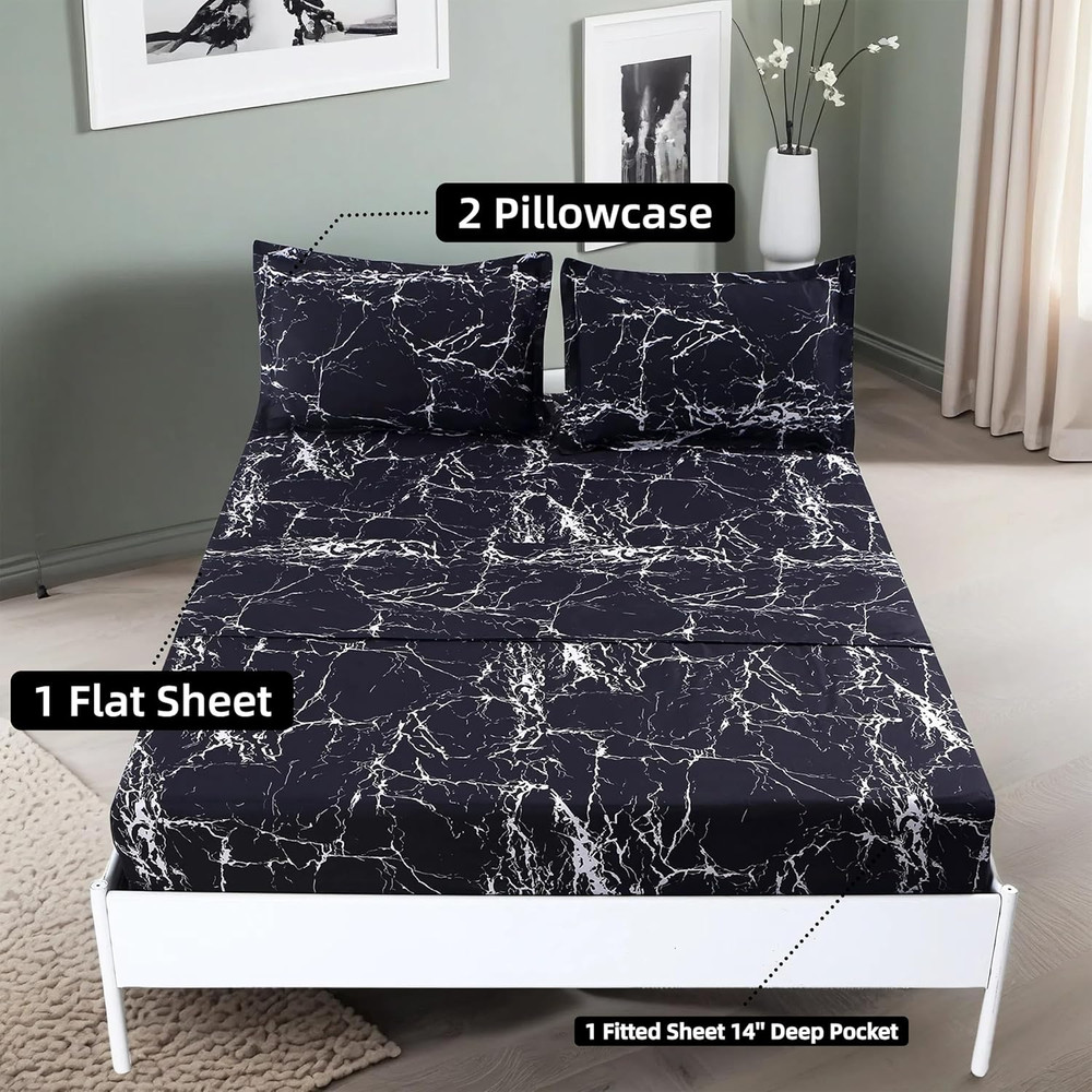 Black Marble, Super Soft Microfiber Bed Sheet 4PC, Marble Bedding Sheet Set Incl
