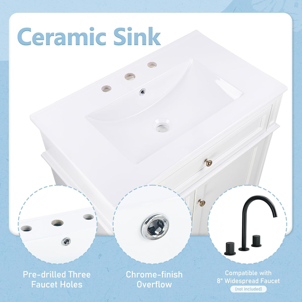 30" Bathroom Vanity with Sink Combo Set, Solid Wood Frame Bathroom Storage Cabin