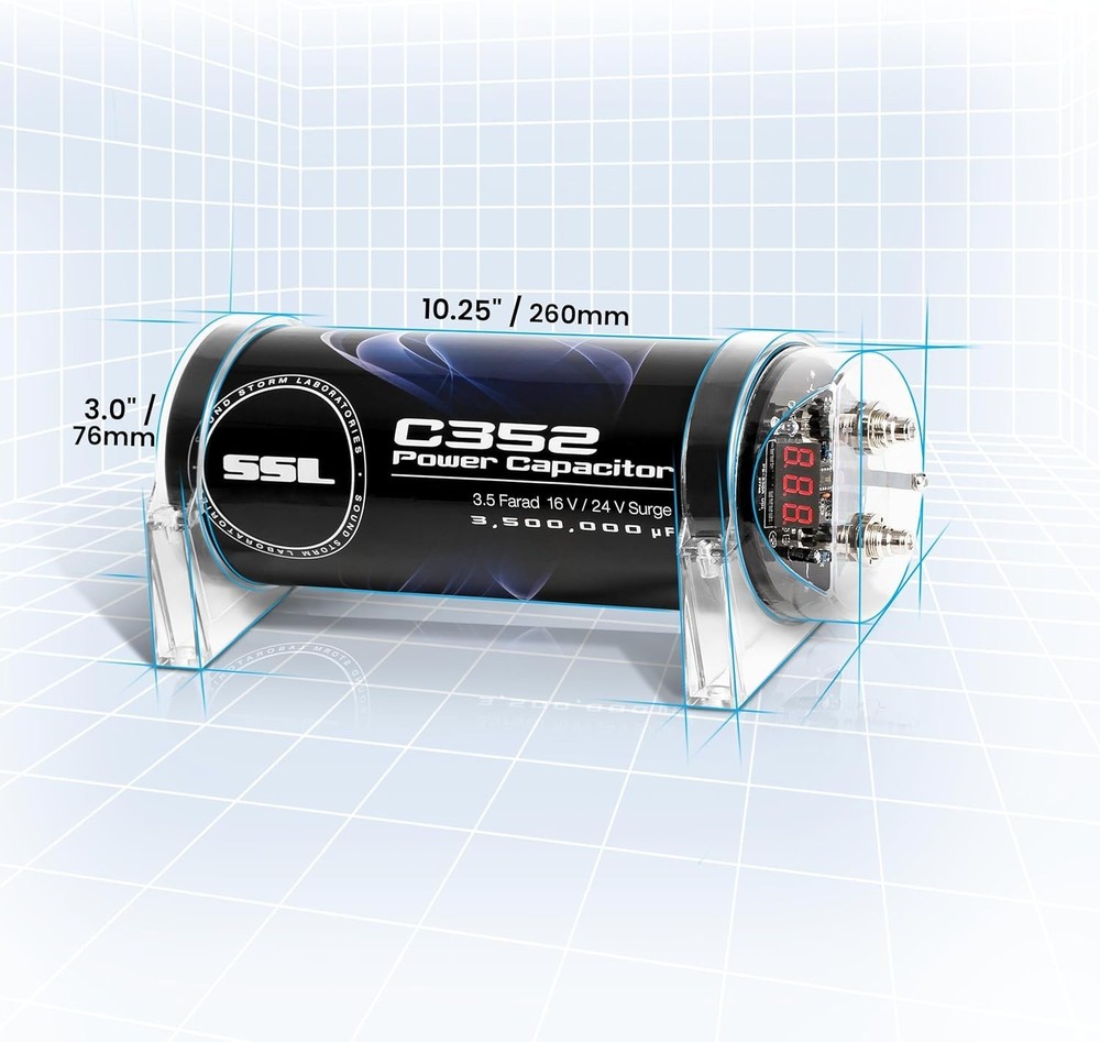 Compact 3.5 Farad Capacitor with Warning Tones & Red Voltage Meter - Black