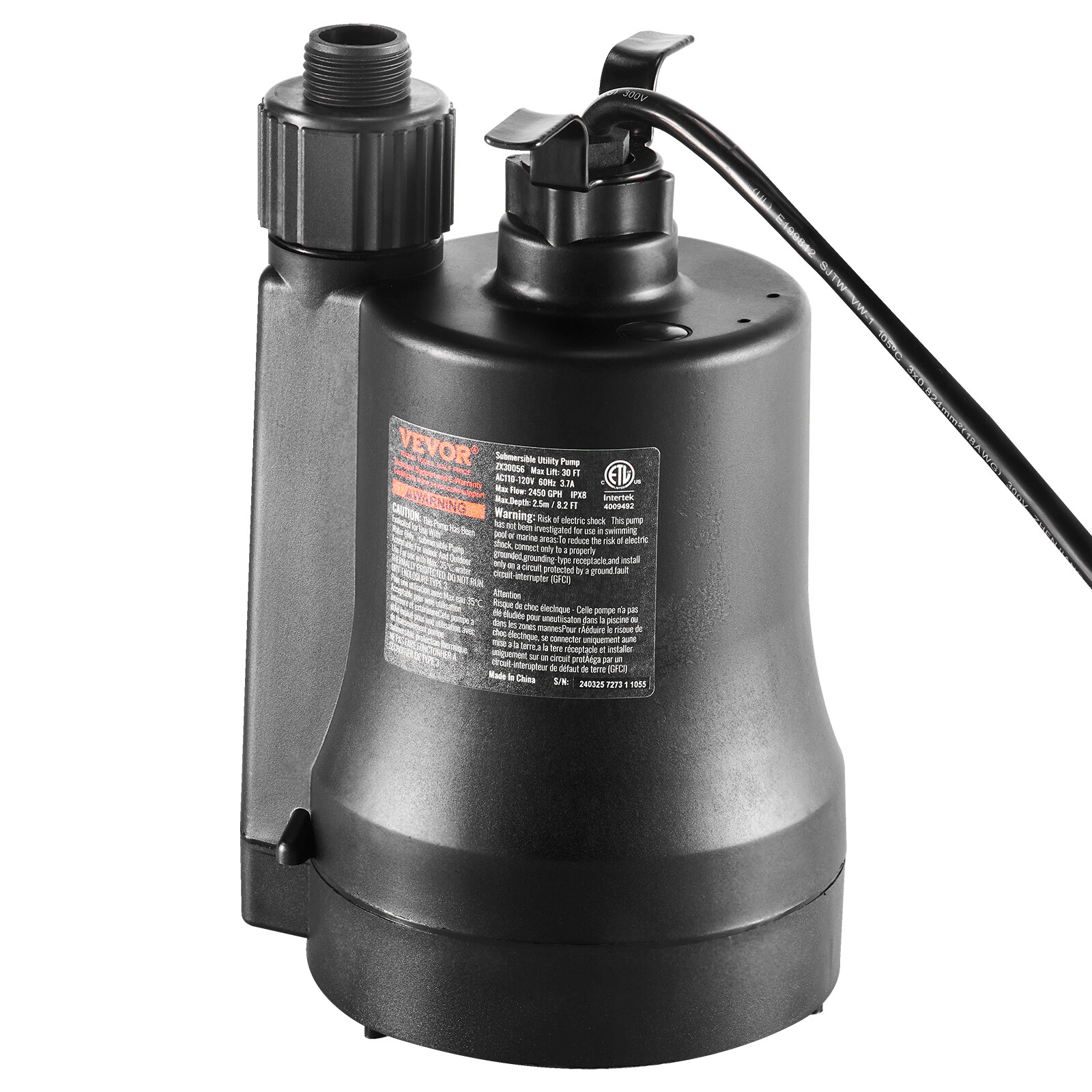 VEVOR Submersible Utility Pump Sump Pump 1/3 HP 2450 GPH 30 ft Head Water Pump