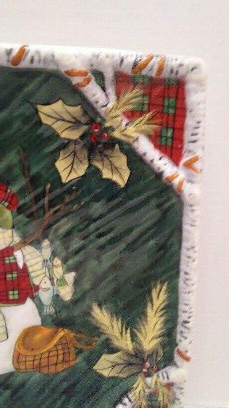 Large Susan Winget Square Platter Fishing Snowman