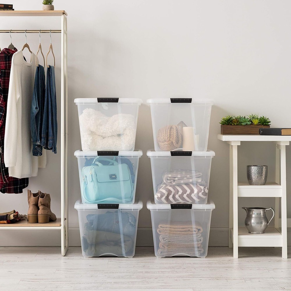 53 Quart Stackable Plastic Storage Bins with Lids and Latching Buckles 6 Pack