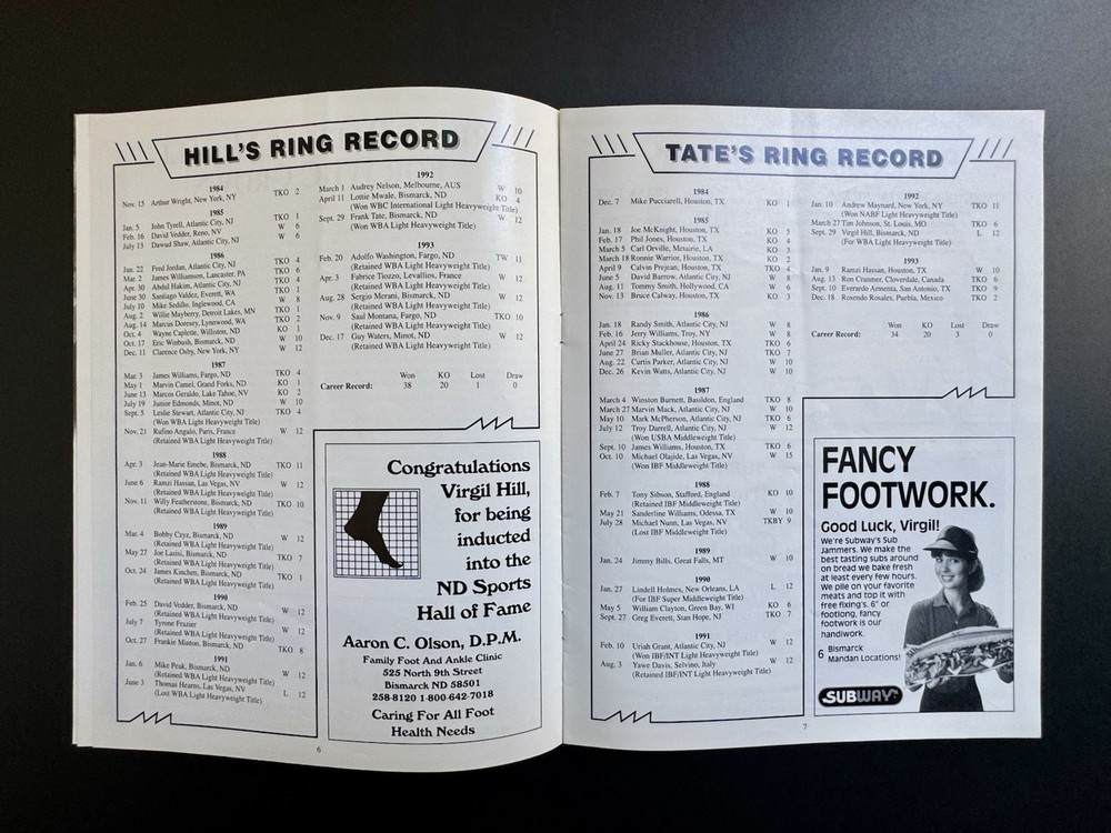 Boxing Official Program Virgil Hill vs Frank Tate (1994)