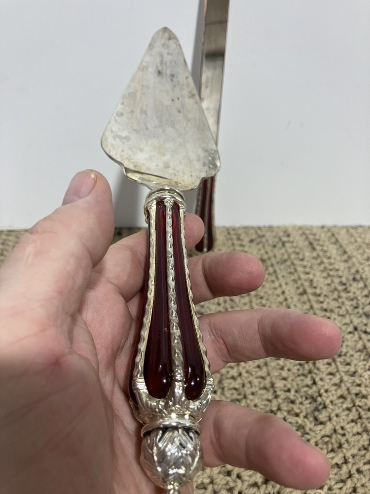 Silver Plated Dessert Set-Knife & Server w/Ruby Red Glass & Silver Accent Handle
