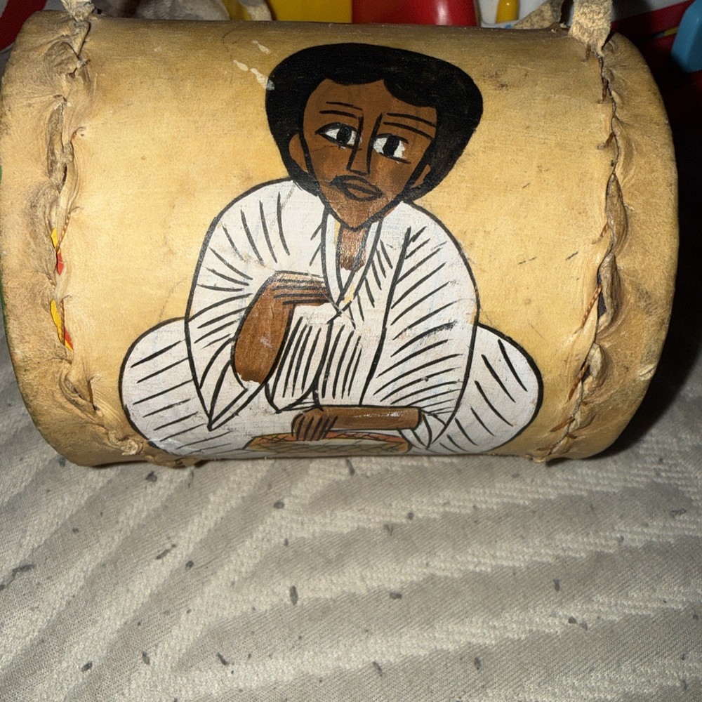 Hand-Painted Ethiopian Frame Drum Leather Wood