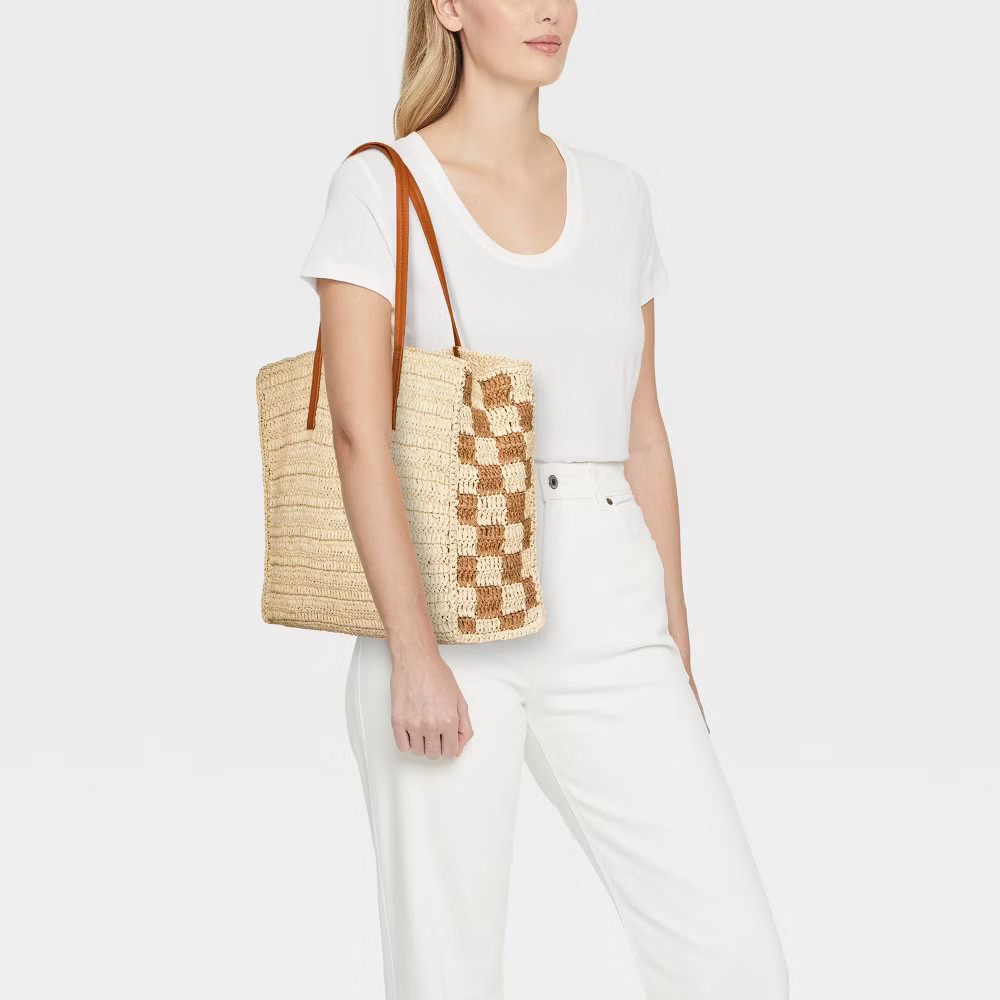 Straw Packable Checker Boxy Tote Handbag - Universal Thread Beige
