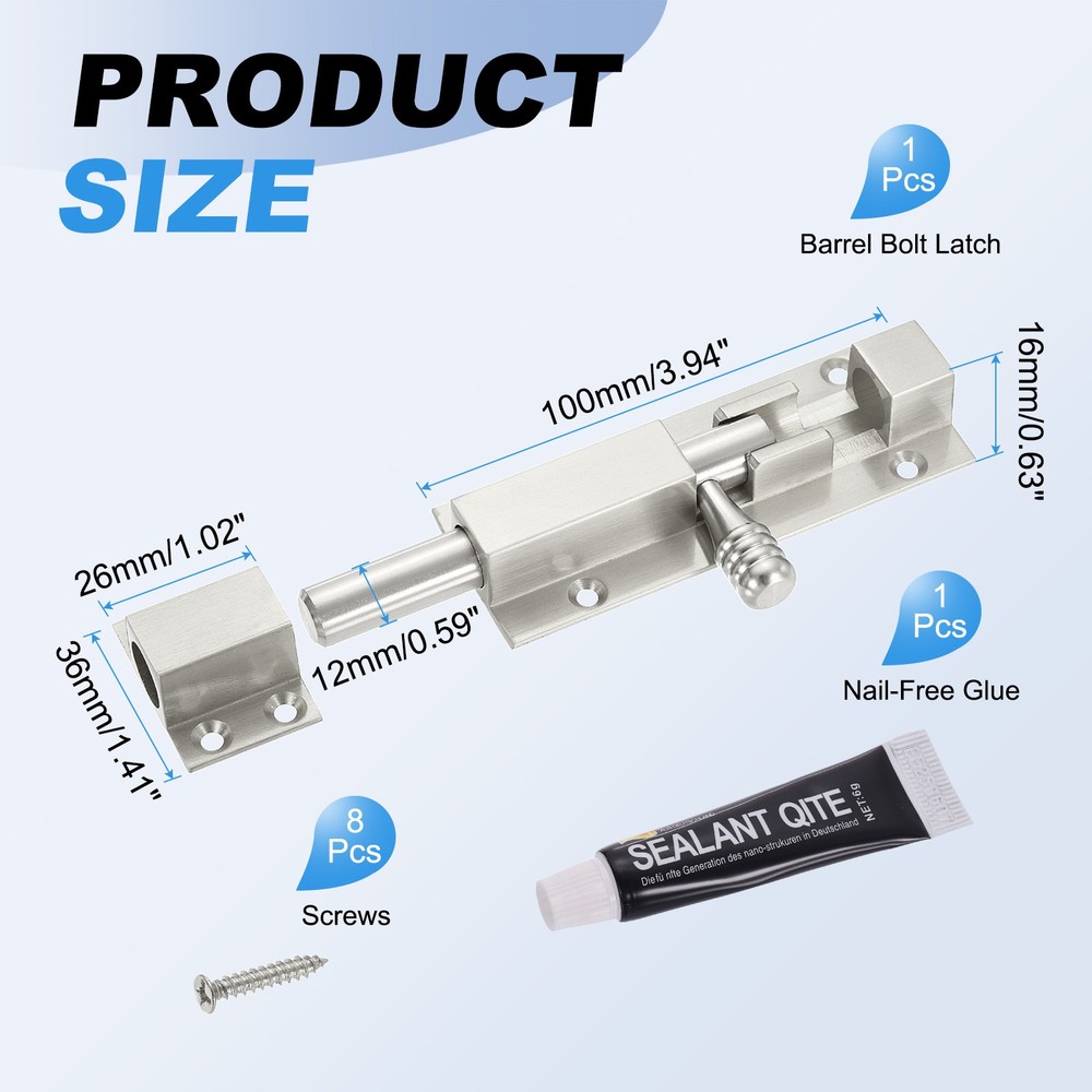 Barrel Bolt Latch, 4" Door Security Slide Latch Locks, Brushed Silver