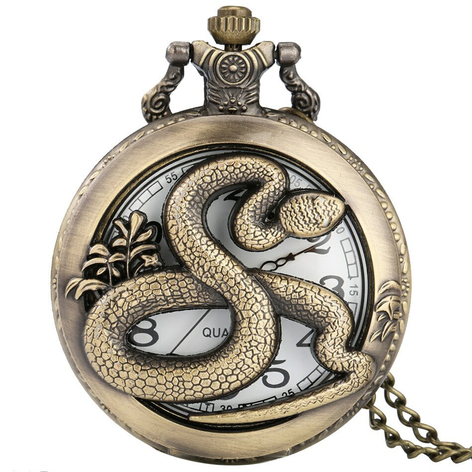 Vintage Quartz Pocket Watch 3D Snake Display Bronze Analog with Sweater Chain
