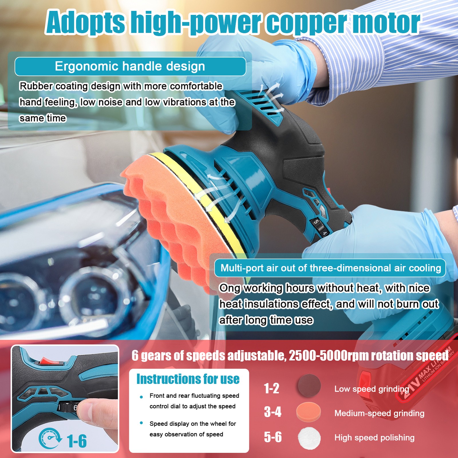 Dual Action Car Polisher Buffer Machine Cordless 6" Sander Polishing Kit Battery