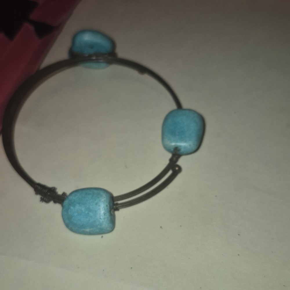 Adjustable Wire Bangle Bracelet with Blue Stone Beads Hook Closure Bohemian