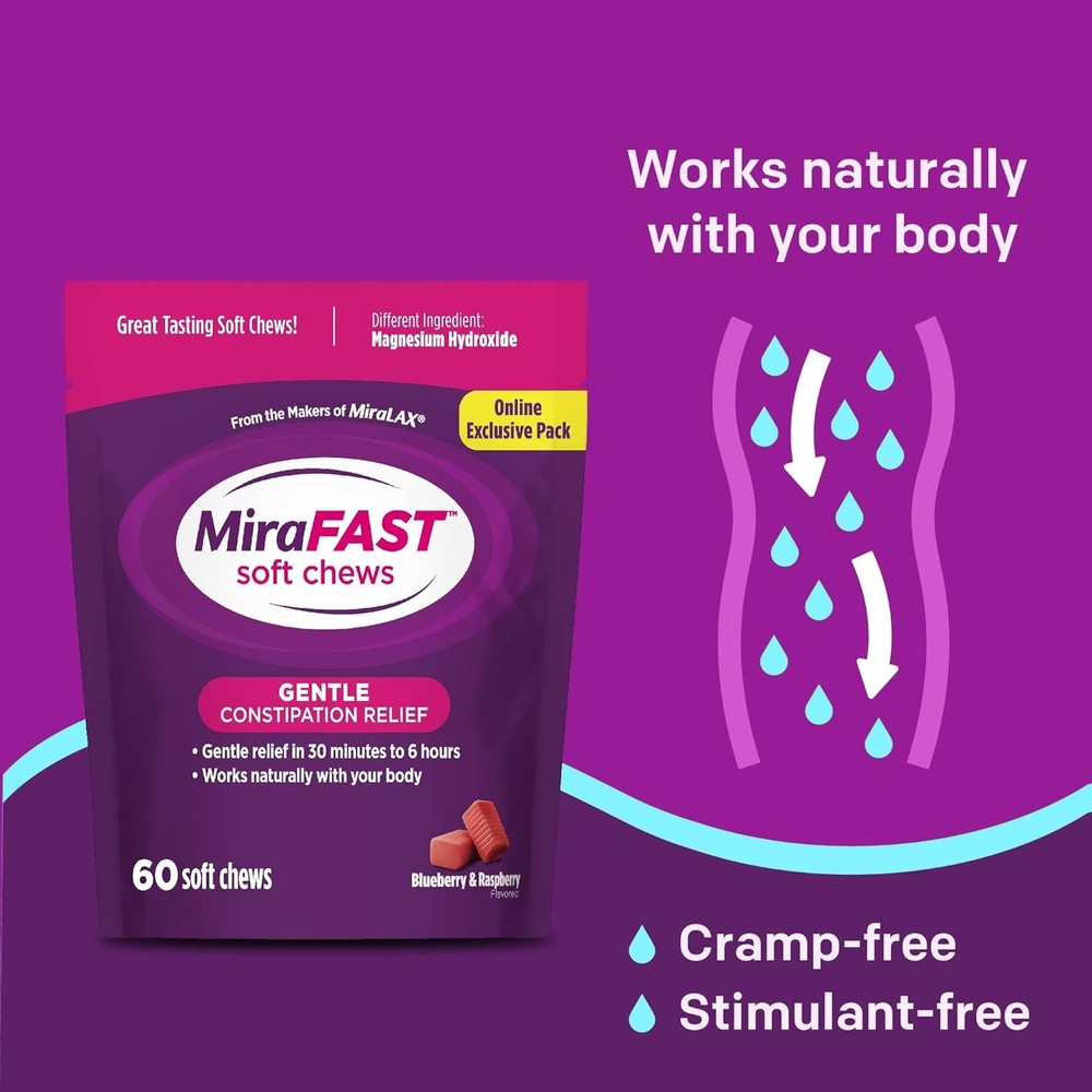 MiraFAST Soft Chews Constipation Relief 60ct Blueberry Raspberry