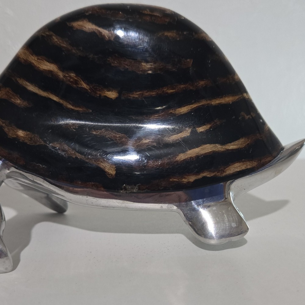 Sea Turtle Figurine Silver Brown Striped Shell Mixed Materials Decorative