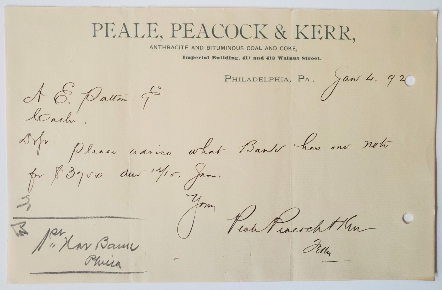 1892 Letter, Peale, Peacock & Kerr, Coal And Coke, Philadelphia, Pennsylvania