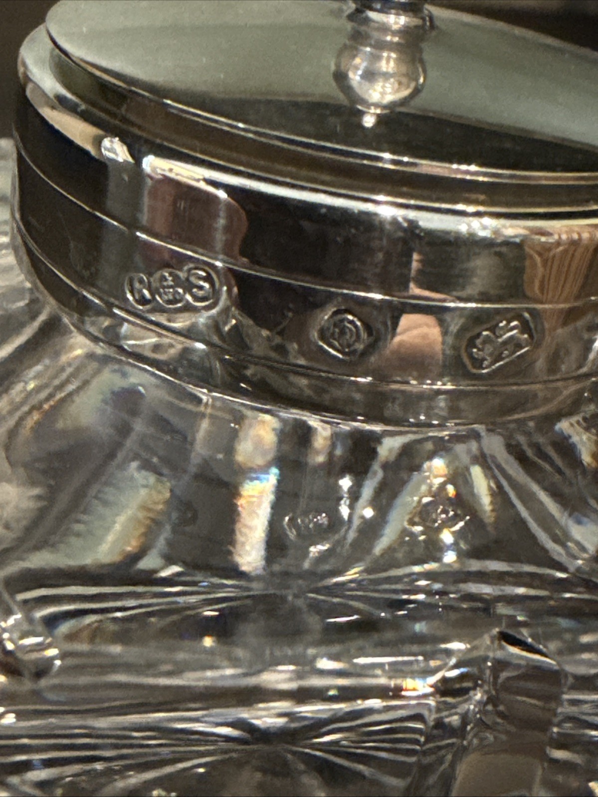 ENGLISH Cut CRYSTAL Inkwell With STERLING SILVER Collar And Lid by R&S Ltd