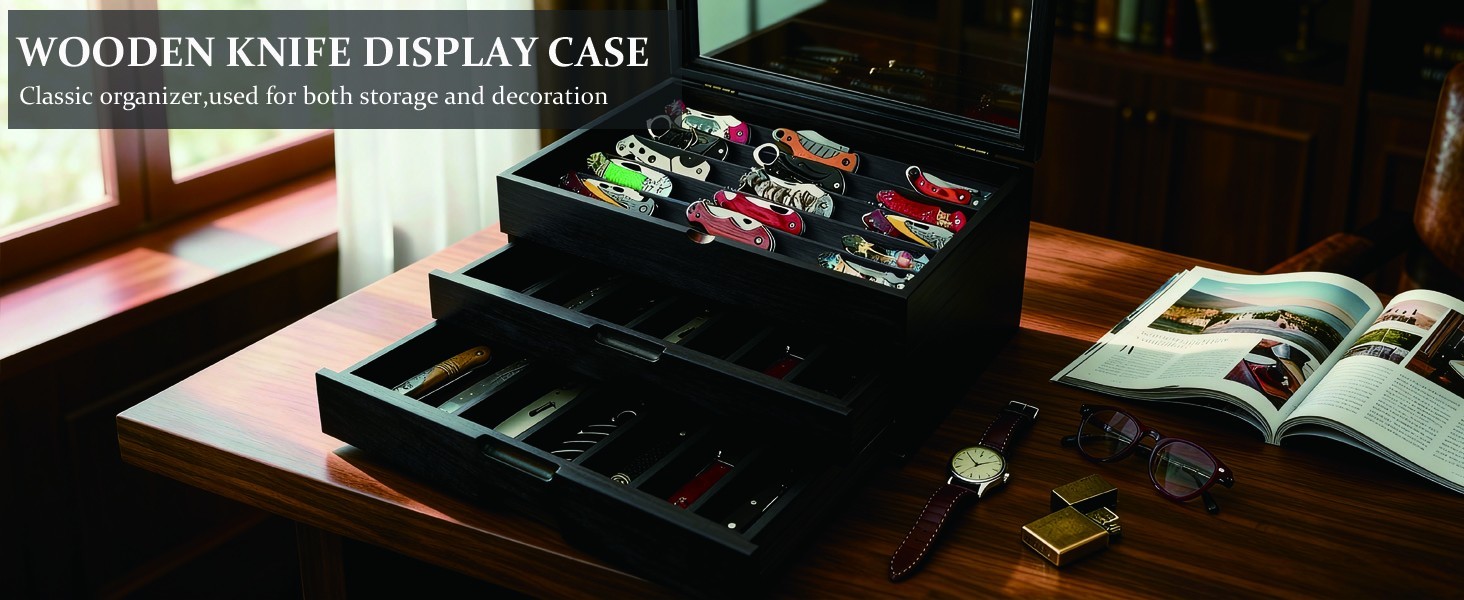 Knife Display Case 43+ Wood Black EDC Pocket Knives Watch Organizer Storage Box