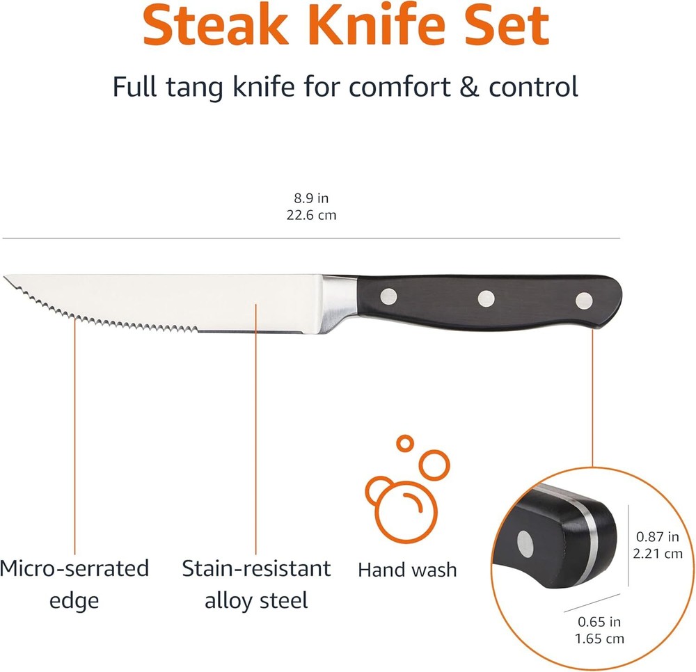 Basic Kit 8-Piece Kitchen Steak Knife Set, 4.5-Inch, Black
