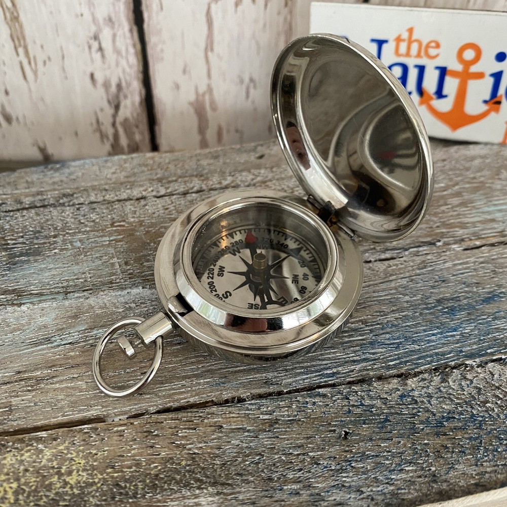 Silver Finish Brass Push Button Compass - Pocket Style - Nautical Navigation