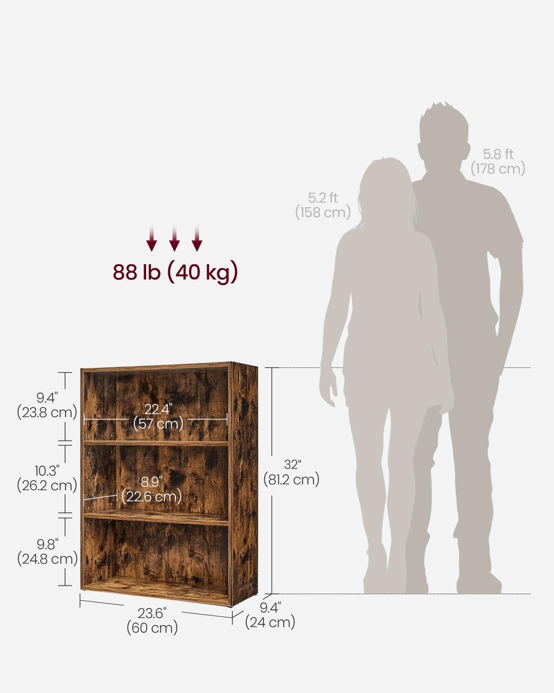 VASAGLE CUSTOS 3-Tier Bookcase Bookshelf Rustic Brown Open Storage Display Shelf