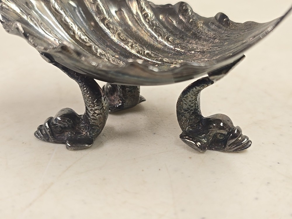 Antique Victorian Scroll Handle Dolphin Footed Silver Shell Dish Salt Dip