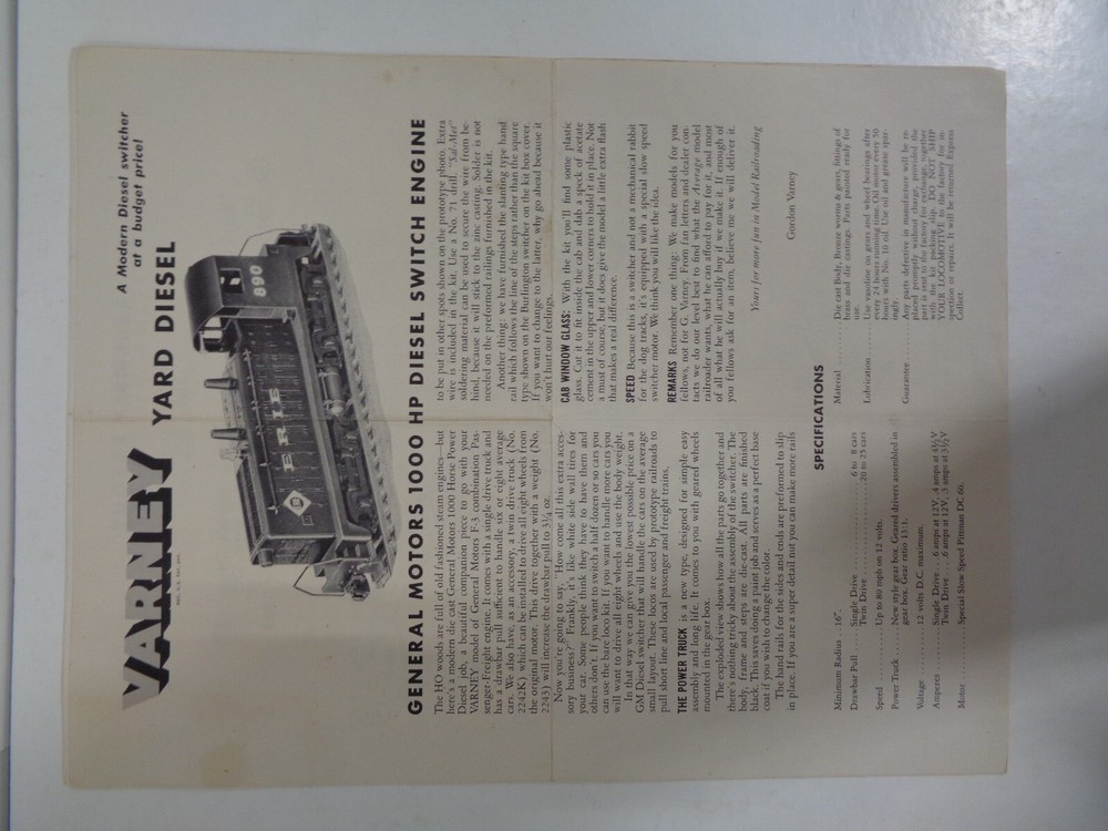 Varney Assembly & Instruction Sheets Featuring HP Diesel Switch & 32 ft Tender