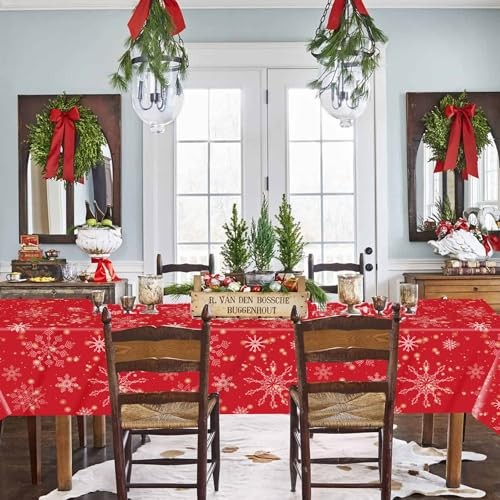 3 Pcs Tablecloth,Red Snowflake Rectangular Plastic Christmas Snowflake