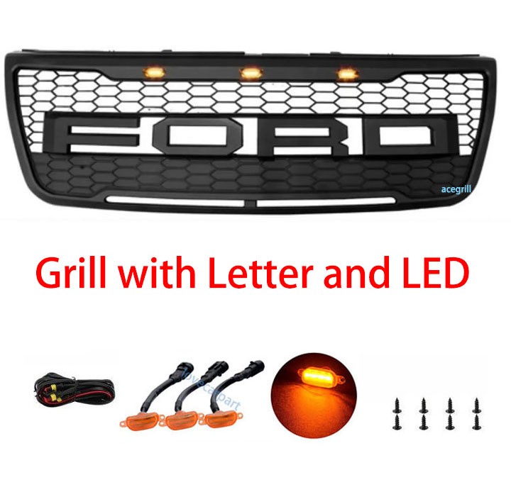For Ford Explorer Grill 2011 2012 13 2014 2015 Grille W/Letters+LED Matte Black