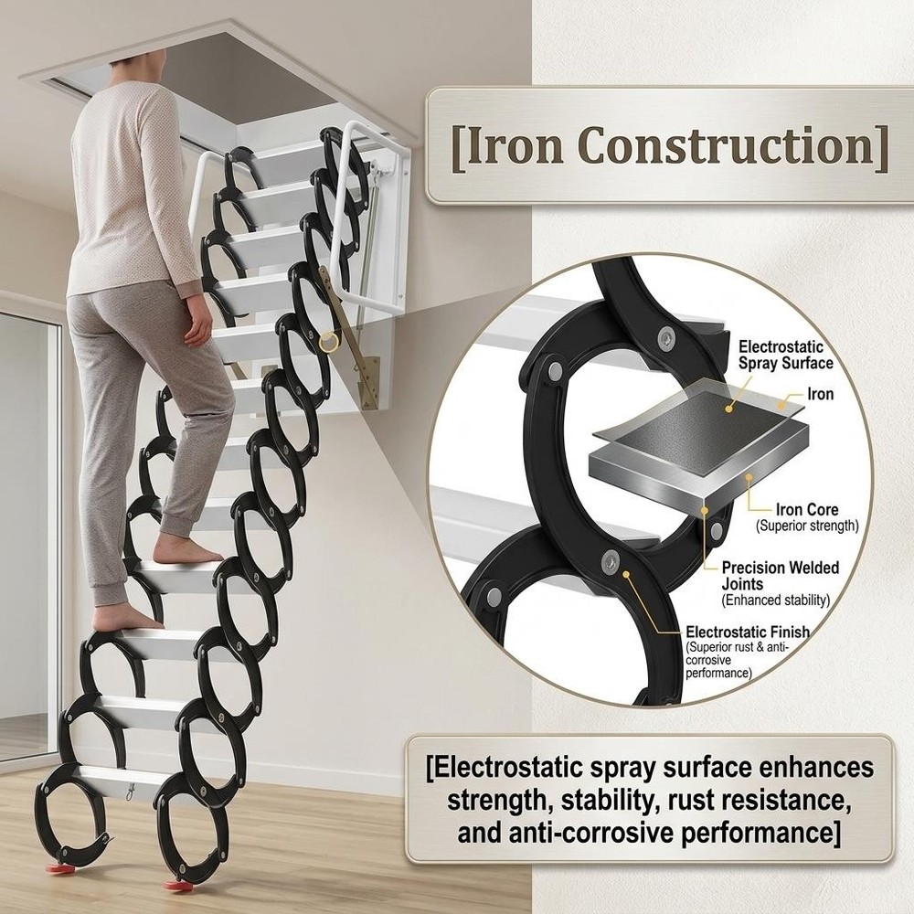 12 Steps Wall Mounted Folding Ladder Loft Stairs Black Attic Steps Pull Down