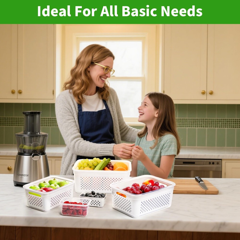 5-Pack Large Fruit Storage Containers for Fridge with Removable Colander, 2 i...