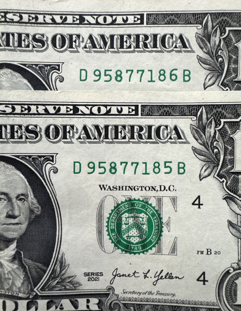 Two (2) 2021 $1 Sequential Notes with IDENTICAL Over Inked/smudge on Upper #8’s