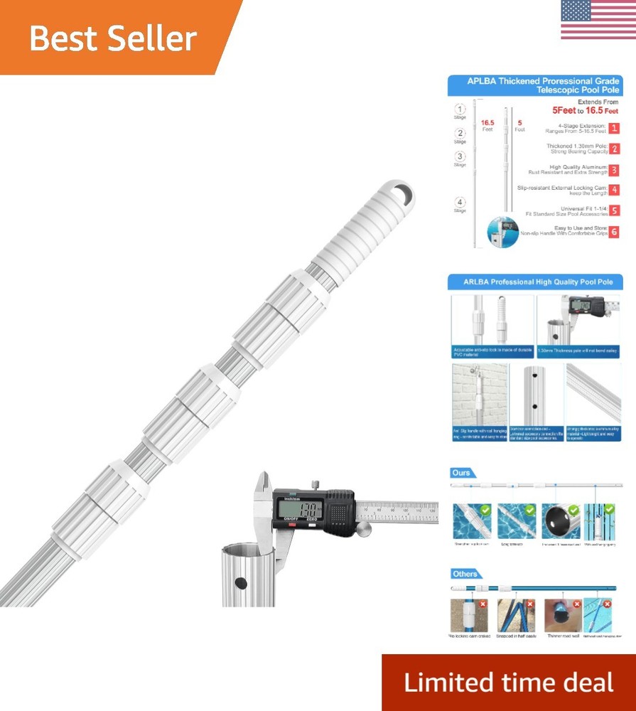 Professional Grade Telescoping Pool Pole 16.5ft - Universal Fit for Attachments