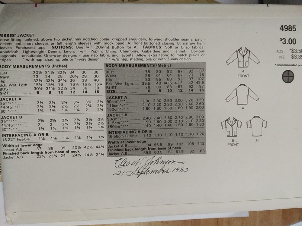 Jacket Boxy Pockets Collared 12 14 16 Butterick 4985 Sewing Pattern UC V Neck