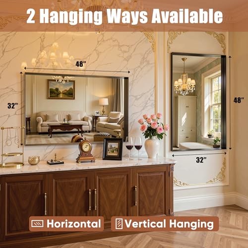 48"x32" Framed Bathroom Mirror, Large Rectangular 32"L x 48"W Black Modern