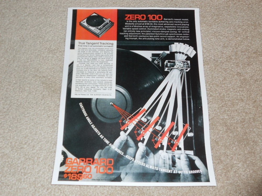 Garrard Zero 100 Turntable Ad, 1972, 1 pg, Article, Beautiful!